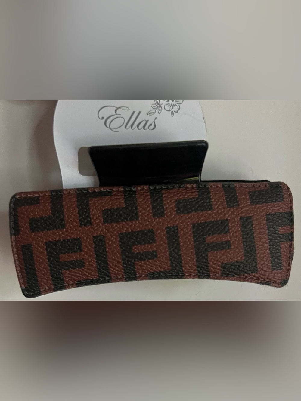 Ella Brown Fashion Hair Clip w/ Black Print